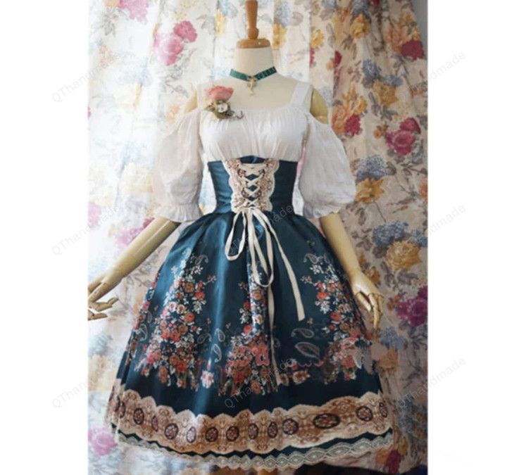 Medieval Women Costume Vintage Retro Victorian Gothic Print Waist Dress Cosplay Princess Lantern Skirt Large Size 3XL/Plus Size Dress