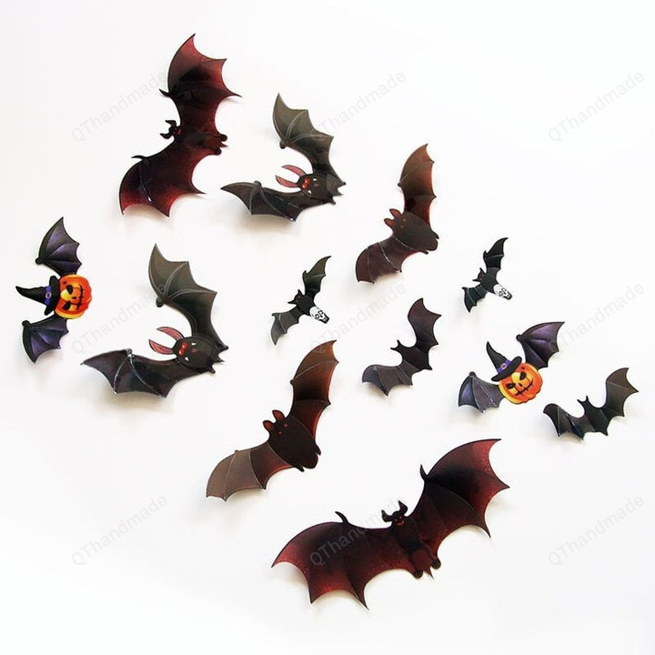 12Pcs Black 3D PVC Bat Wall Stickers, Horror Pumpkin Bats Wall Decals, Halloween Gift, Halloween Decor, Scary Bats Skeleton Decor
