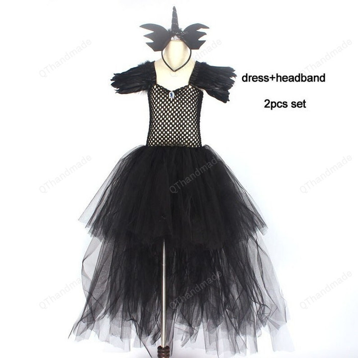 Black Dark Angel Girls Tutu Dress V-neck Train Girls Pageant Evening Party Ball Gown Fancy Dresses Kid Halloween Witch Costume/Spooky Season