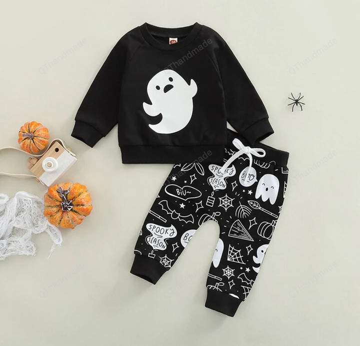 Halloween Autumn Toddler Kids Clothes Sets 0-3Y Ghost/Skull Printed Long Sleeve Sweatshirts Tops+Drawstring Pants/Baby Girl/Party Dress