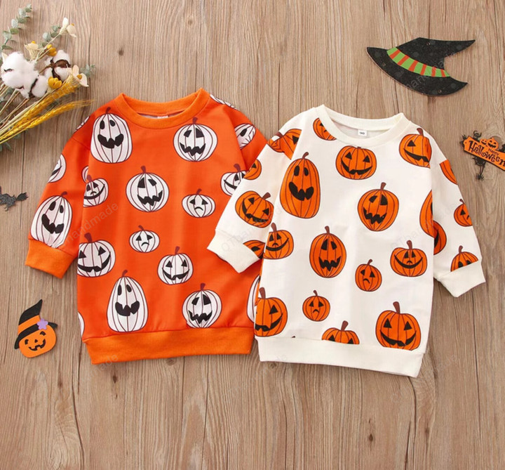 Pumpkin Print Children Boys Girls Halloween Clothing Cotton Long Sleeve Pullover Casual Sweatshirts T-shirts Outwear/Baby Girl/Party Dress