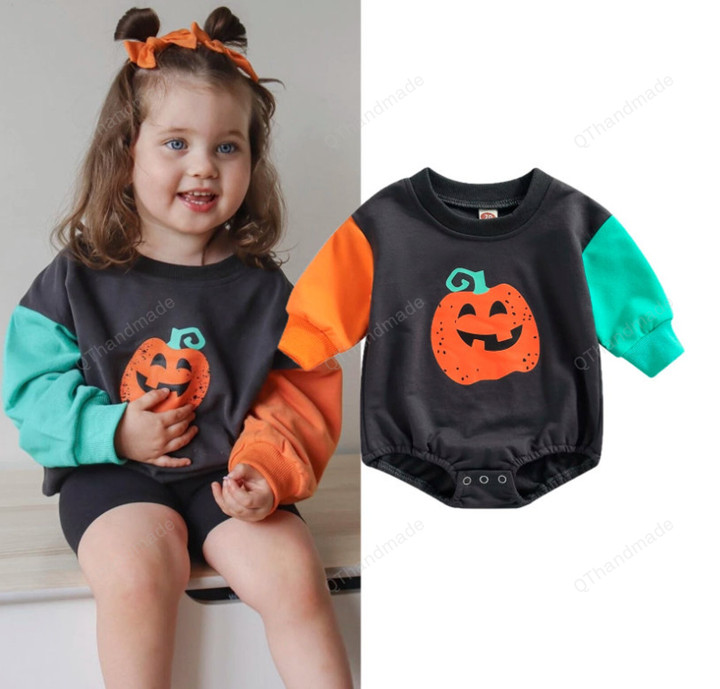 Halloween Newborn Baby Girls Clothes Pumpkin Print Contrast Color O-neck Long Sleeve Sweatshirts Rompers Jumpsuits/Baby Girl/Party Dress