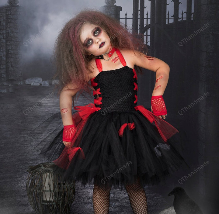 Scary Zombie Kids Halloween Costume Set Black Red Vampire Girls Tutu Dress Halloween Children Clothing Tulle Dresses/Baby Girl/Party Dress