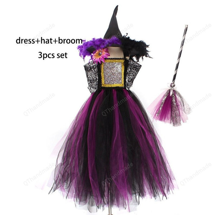 Purple Black Wicked Witch Halloween Costume Fairytale Witch Tutu Dress with Feather Hat Kids Carnival Gown Dress/Baby Girl/Party Dress