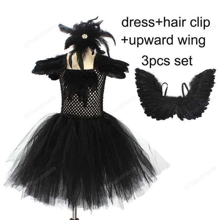 Black Swan Girls Tutu Dress with Feather Wing and Hair Clip Evil Queen Kids Halloween Party Costume Ballet Tutu Dress/Baby Girl/Party Dress