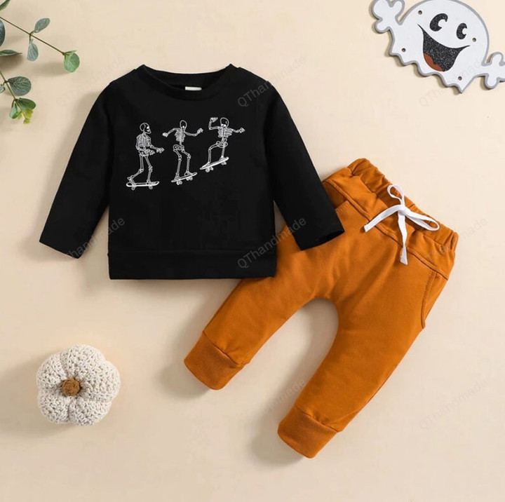 Halloween Autumn Toddler Kids Boys Clothes Sets Letters/Skeleton Print Long Sleeve T-shirts+Drawstring Long Pants 0-3Y/Baby Girl/Party Dress