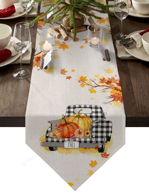Autumn Fallen Leaves Pumpkin Table Runner Wedding Country Decor Washable Table Runner for Dining Table Christmas Decoration