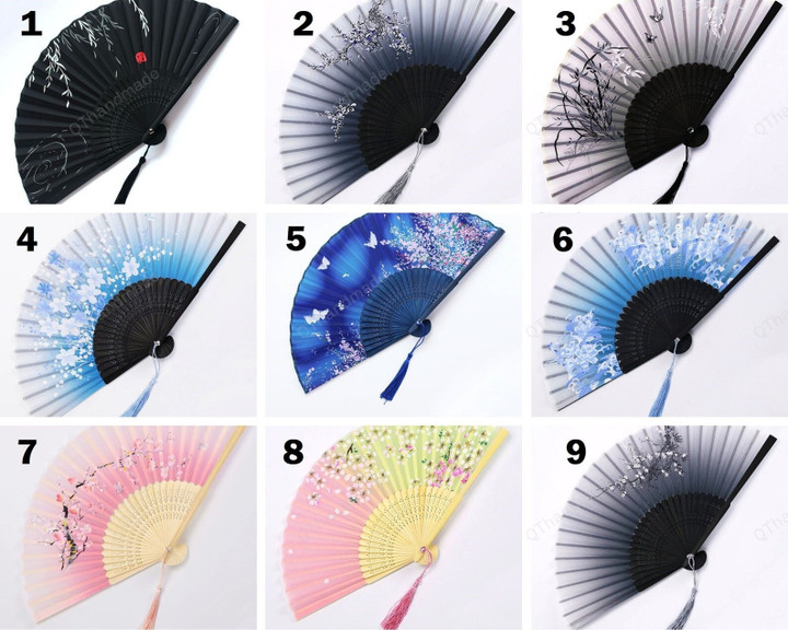 17 Styles Harajuku Japanese Silk Folding Hand Fan, Wooden Shank Classical Dance Fan, Sakura Floral Tassel Elegent Hand Fan Accessories