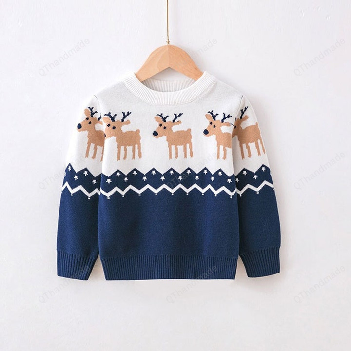 2-7T Toddler Boys Girls Christmas Elk Print Sweater, Xmas Kids Clothing Gift, Cute Warm Thick Knitted Christmas Long Sleeve Sweatshirt