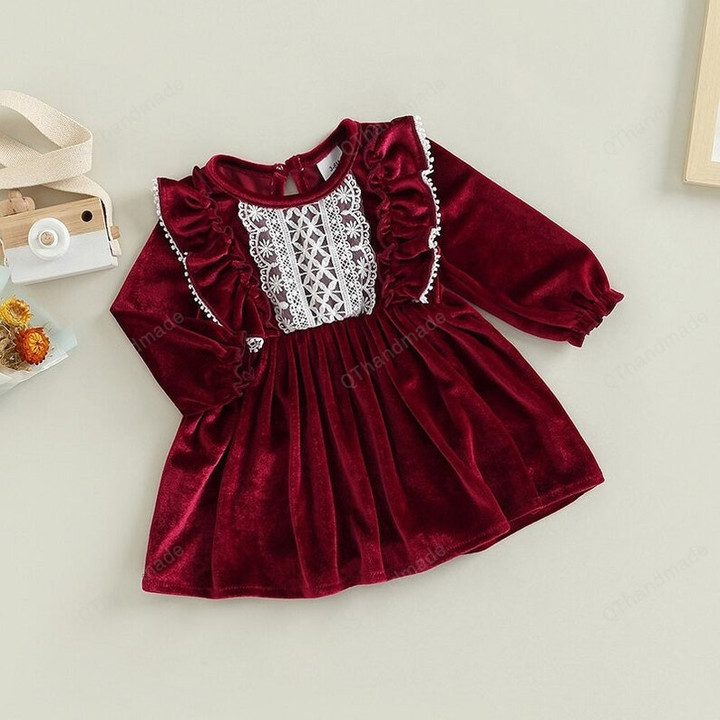Toddler Baby Girls Red Velvet A-line Princess Dress, Autumn Spring Dress Infant Long Sleeve Ruffle Lace Pleated Dress, Xmas Gift For Kids