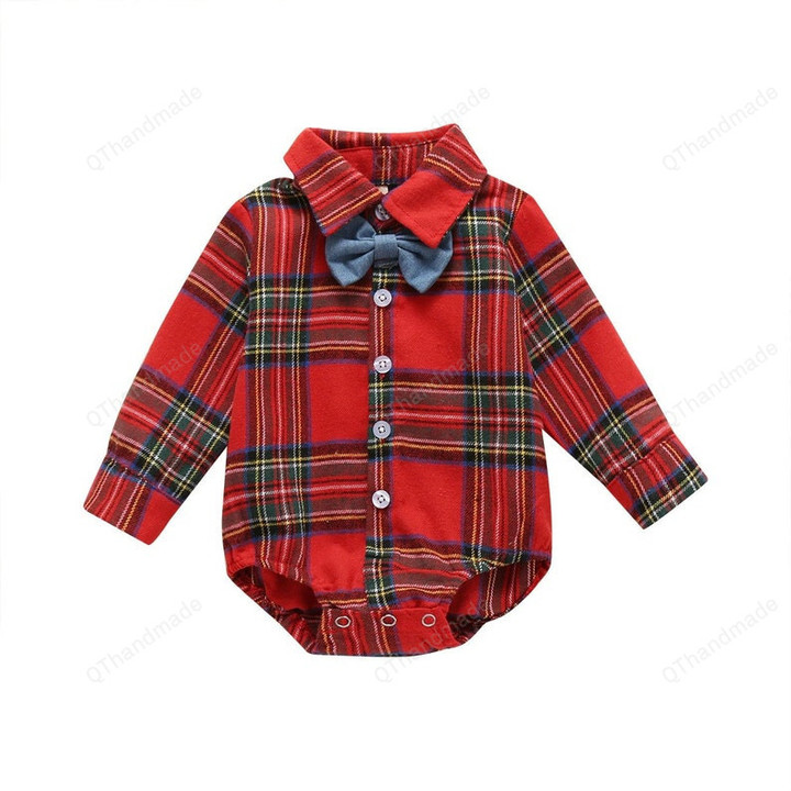 2pcs Christmas Baby Boys Gentleman Bodysuits, Toddler Lapel Plaid Button Long Sleeve Romper + Blue Bow Tie For Baby, Baby Clothing