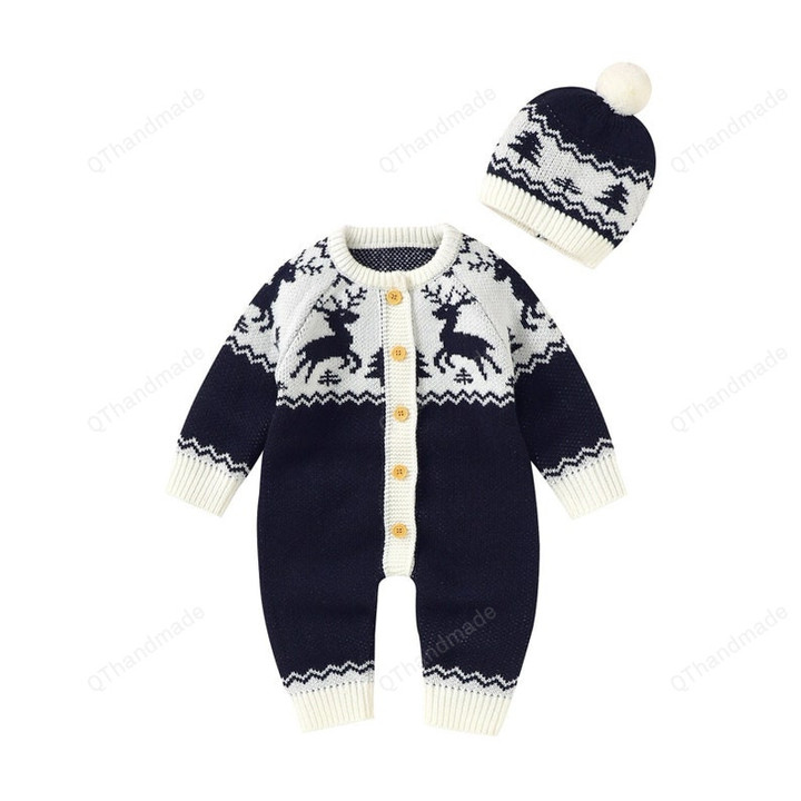 Winter Warm Reindeer Knitted Long Sleeve Romper with Hat, Infant Baby Elk Knitwear Jumpsuit Rompers, Baby Clothing, Newborn Gift