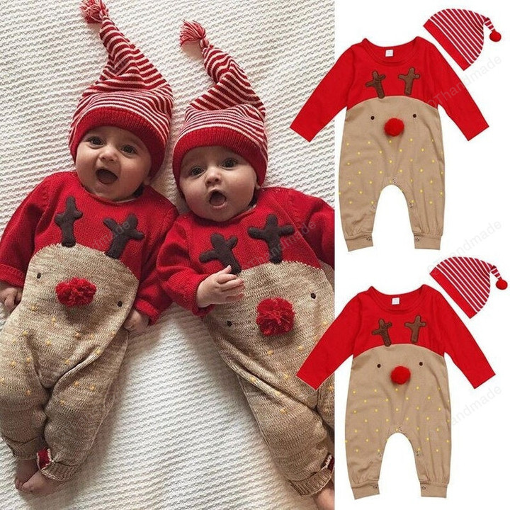 2pcs Newborn Baby Boy Girl Christmas Rompers, Lovely Cute Xmas Reindeer Elk Striped Hats Jumpsuit Set, Baby Clothing, Newborn Gift