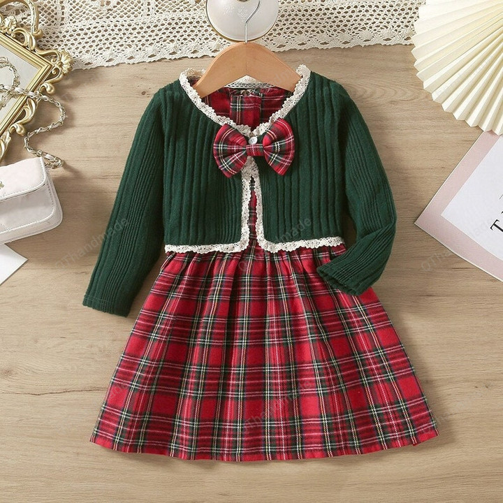 Kids Plaid Long Sleeve Dress Set, Toddler Casual Lace Knit Bowknot Tops A-line Dress Set, Kids Clothing, Christmas Baby Girls Outfit