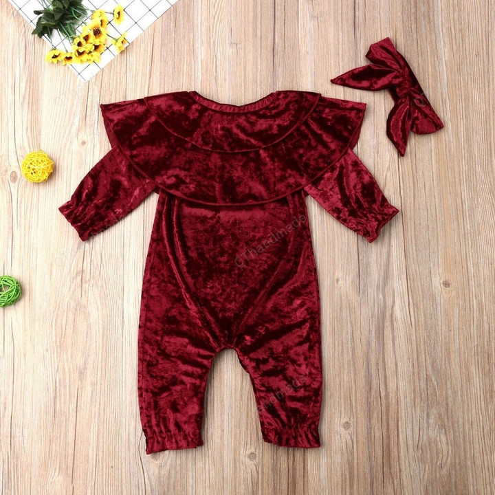 Infant Baby Girl Boy Velvet Romper Long Sleeve Jumpsuit+Headband Set, Kids Velvet Romper Jumpsuit Ruffled Collar Headwear Set, Kids Clothing