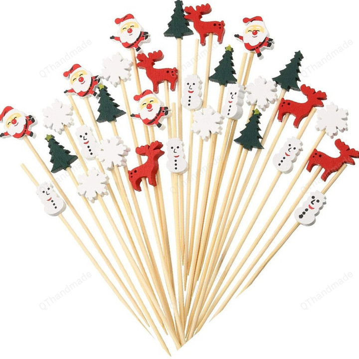 100Pcs Christmas Cocktail Picks, Santa Claus Snowflake Elk Fruits Bamboo Toothpicks for Drink, Xmas Dessert Food Accessories, Xmas Decor