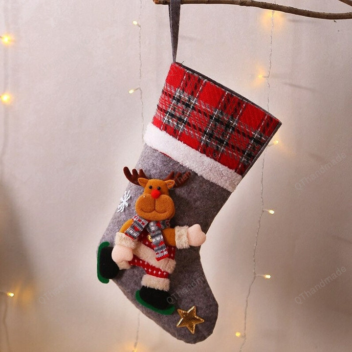 Personalized Christmas Stockings, Custom Name Red Plaid Sockings, Christmas Tree Stocking Hanging Decor, Red Stocking Xmas Ornament