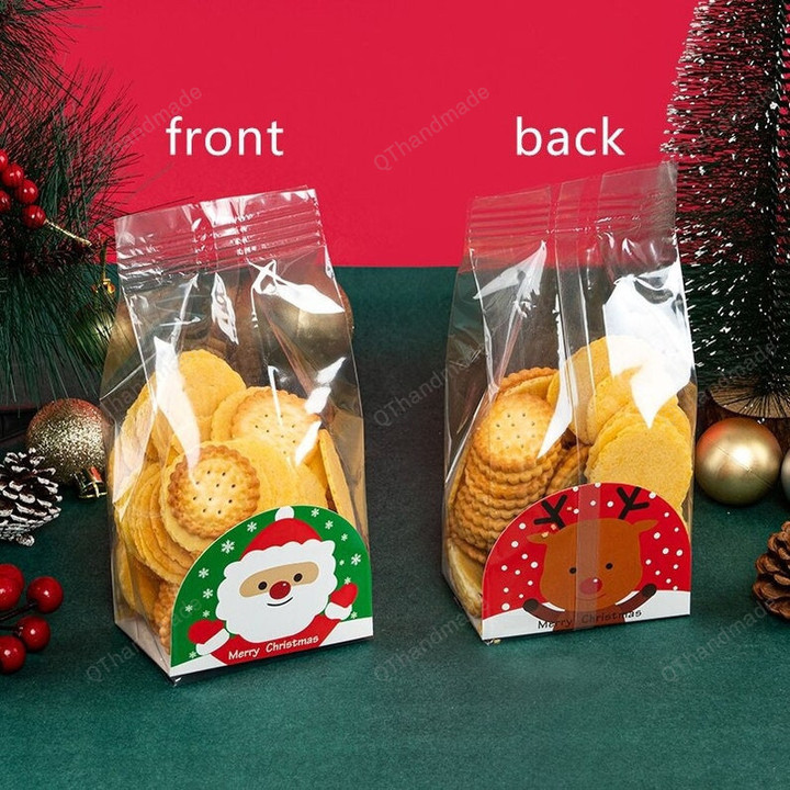 50pcs Merry Christmas Plastic Candy Bags For Nougat Cookie Packaging Clear Pouches, Xmas New Year Party Candy Bag, Xmas Accessories Gift