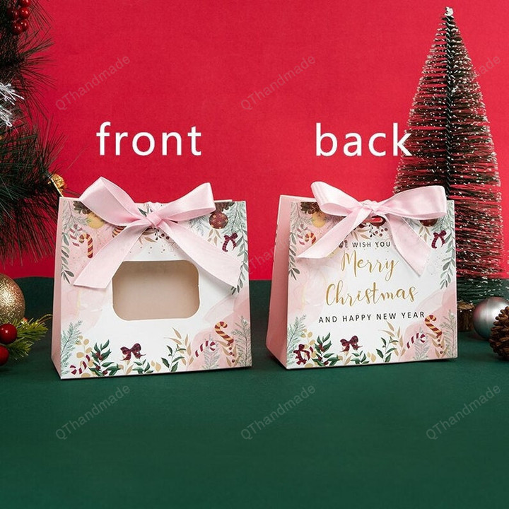 5pcs Christmas Gift Paper Bags Transparent Window For Candy Cookie Nougat Packaging, Xmas New Year Party Favor Decor, Christmas Decoration