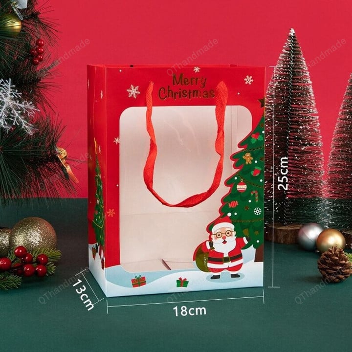 5pcs Christmas Gift Tote Bag Transparent Window For Candy Cookie Nougat Packaging, Xmas New Year Party Favor Decor, Christmas Decoration