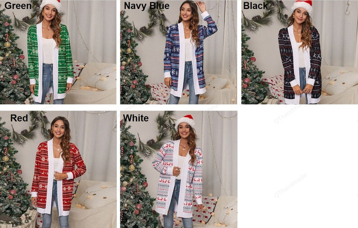 Women Christmas Reindeer Print Knitting Cardigan, Women Casual Long Sleeve Cardigan, Xmas Snowflake Elk Knitting Cardigan, Gift For Her