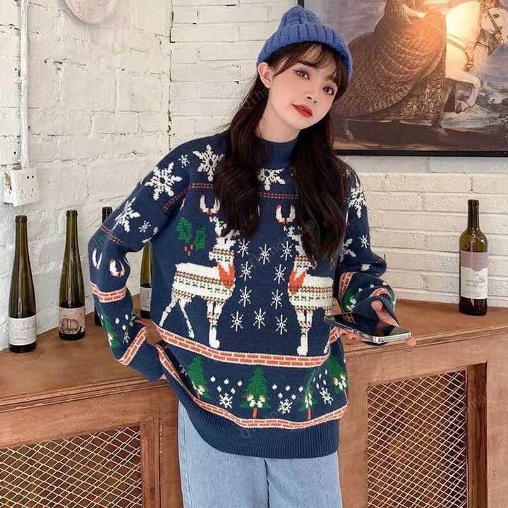 Women Christmas Reindeer Half High Collar Long Sleeve Sweater, Women Casual Long Sleeve Pullover Sweater, Xmas Tree Snowflake Sweatshirt