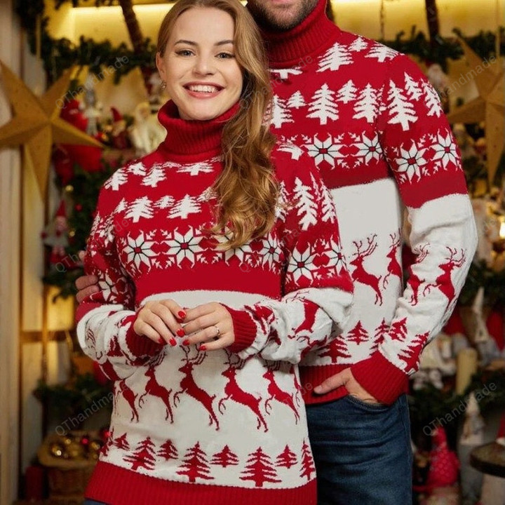 Couple Warm Thick Knitted Turtleneck Reindeer Snowflake Jumpers Sweater, Christmas Couple Matching Sweater, Xmas Casual Knitwear Sweatshirt