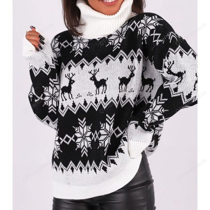 Women Warm Knitted Turtleneck Reindeer Snowflake Sweater, Casual Knitwear Xmas Sweatshirt, Christmas Holiday Costume, Gift For Her