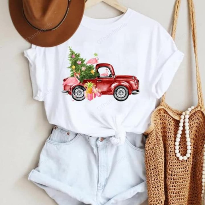 Christmas Tree Travel Holiday Tee, Red Truck Tree Print Shirt, Merry Christmas Graphic T-Shirt, Xmas Gift, Matching Shirt, Xmas Clothing Price:US$10.19 Original Price:US$11.99 (15% Off)