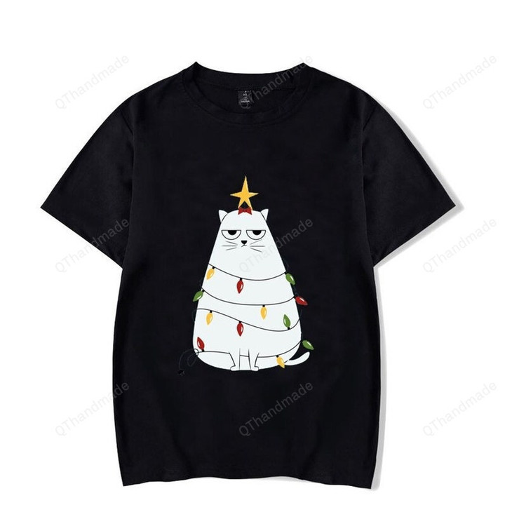 Funny Christmas Cat Tree T-Shirt, Christmas Casual Loose Tops Tee, Cat Lovers Gift, Xmas White Cat Tree Graphic Print Shirt, Xmas Gift