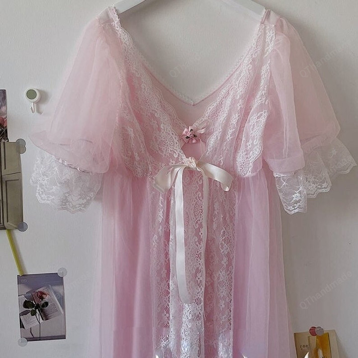 Women Pink Lace Sexy Sweet Elegant Strap Dress, Kawaii Lace Flower Chiffon Fairy Long Dress, Gift For Her, Autumn Clothing