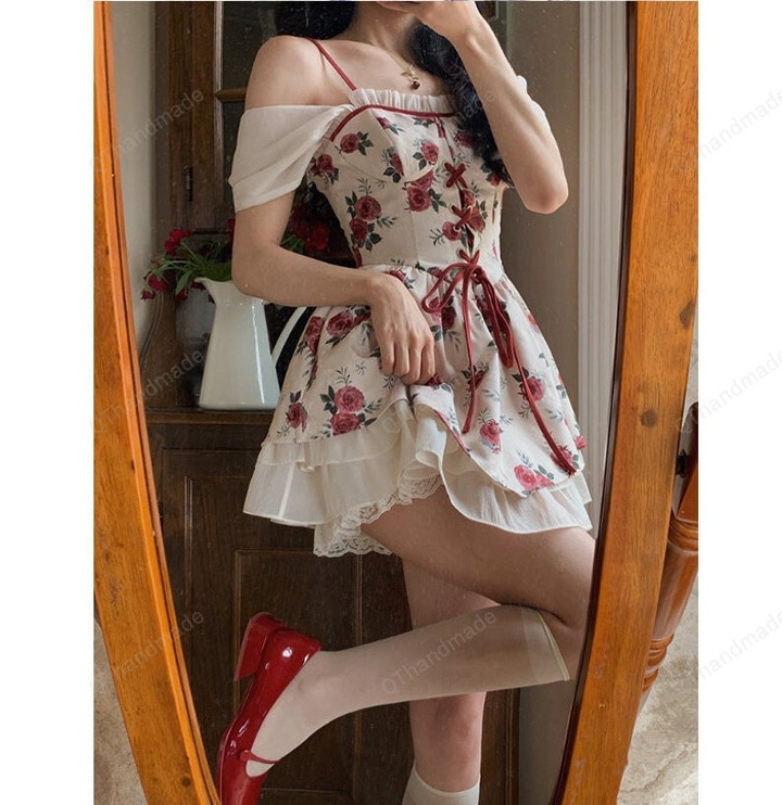 Women Red Christmas Floral Print Dress, Kawaii Lace Red Flower Off Shoulder Spaghetti Strap Fairy Dress, Gift For Her, Autumn Clothing