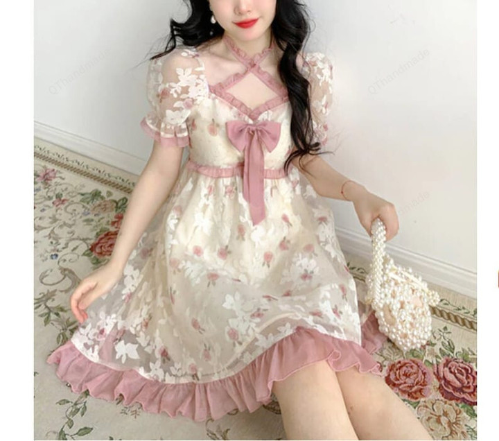 Women Kawaii Floral Elegant Fairy Princess Dress, Japanese Casual Elegant Dress, Lace Floral Puff Sleeve Party Mini Dress, Gift For Her