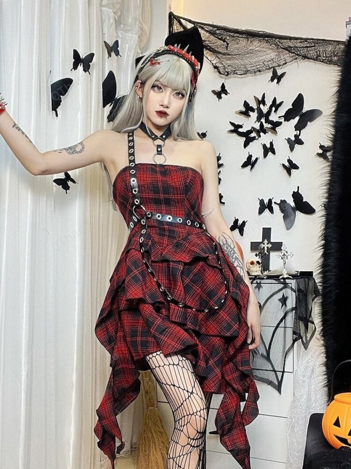 Sexy Red Plaid One Shoulder Dress Irregular Strapless Belt Backless Dress, Gothic Red Plaid Sleeveless Elegant Party Dress, Gift For Her