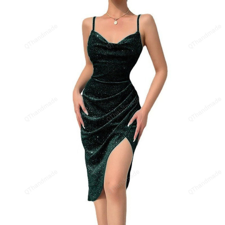 Women Velvet Long Solid Midi Bodycon Dress, Sexy Glitter Sleeveless Backless Elegant Party Dress, Casual Above Knee Mini Skirt, Gift For Her