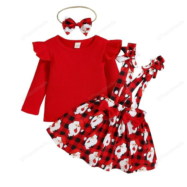 Christmas Baby Knit Long Sleeve + Santa Claus Print Suspender Skirts + Headband Set, Girls Christmas Skirt Set, Kids Clothing, Xmas Gift