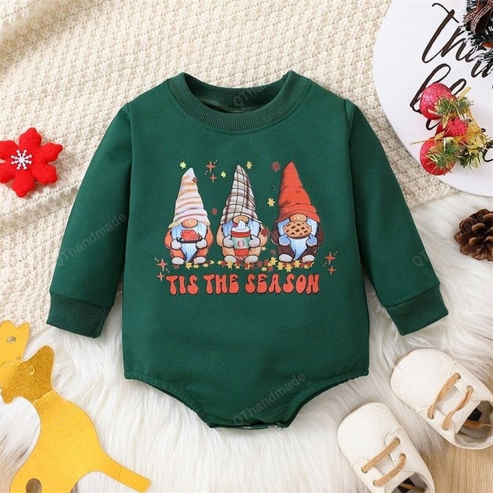 Tis The Season Gnome Letter Print Christmas Baby Jumpsuit, Newborn Infant Letter Xmas Romper Bodysuit, Kids Clothing, Christmas Gift