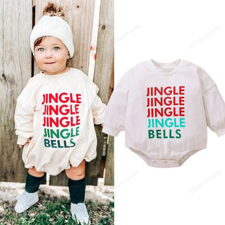 Jingle Jingle Jingle Bells Letter Print Christmas Baby Jumpsuit, Newborn Infant Letter Xmas Romper Bodysuit, Kids Clothing, Christmas Gift