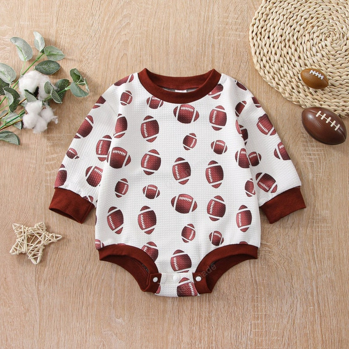 0-18M Toddler Infant Baby Rugby Pattern Romper, Kids Clothing, Xmas Gift For Kids, Christmas Rugby Pattern Long Sleeve Jumpsuit