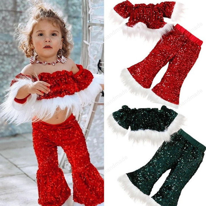 1-6Y Kid Girls Christmas Fur Sequined Short Sleeve Off-shoulder Tops with Elastic Waist Flare Pants Set, Xmas Gift, Kids Clothing
