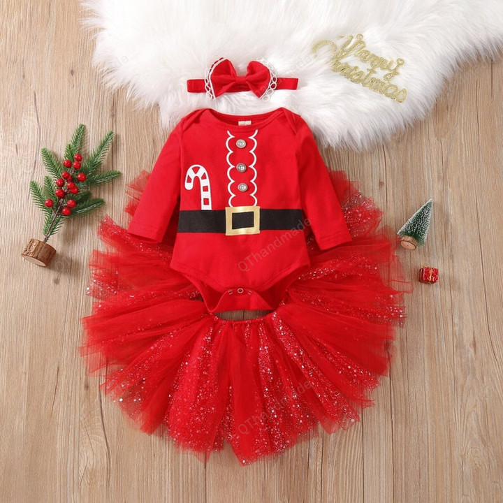 3pcs Christmas Newborn Baby Girls Long Sleeve Romper + Skirt + Hairband Sequin Set, Baby Red Romper Tutu Dress, Xmas Gift, Baby Clothing