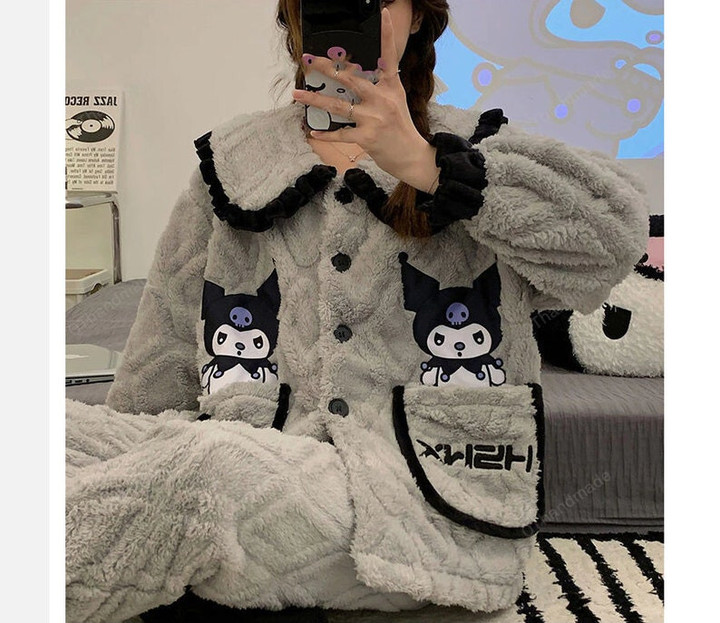 Winter Warm Thicked Fluffy Pajamas Set, Winter Warm Thick Kawaii Anime Pyjamas Set, Gift For Her, Sweet Kawaii Lace Sailor Collar Pyjamas