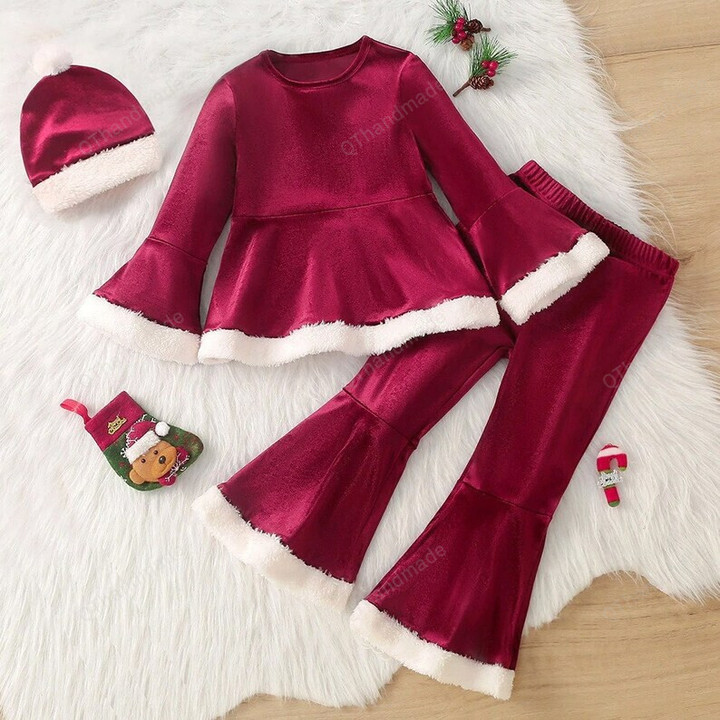3pcs Kids Fashion Faux Fur Long Sleeve Tops Bell-bottoms Hat Set, Girls Toddler Casual Outfits, Xmas Kids Clothing, Gift For Kids