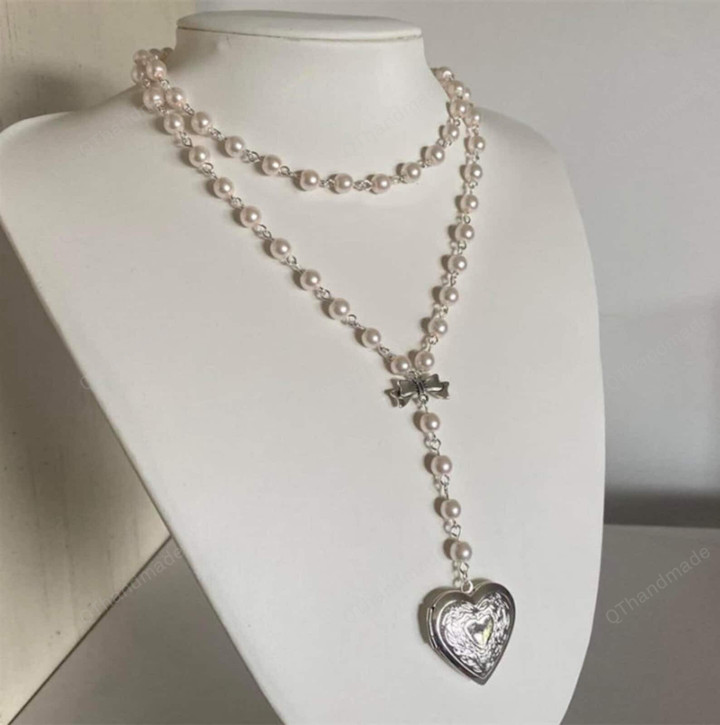 Handmade Pearl Heart-Shaped Small Box Pendant Beaded Chain Layered Necklace Rosary Necklace/Adjustable Gothic/Choker Collar Y2K