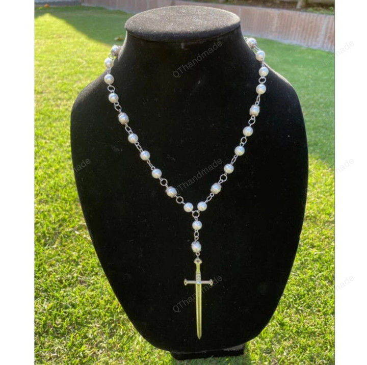 Crossword Rosary Style Necklace, Pearl Dagger Pendant Necklace/Cottagecore Rosary Necklace,Gift For Her
