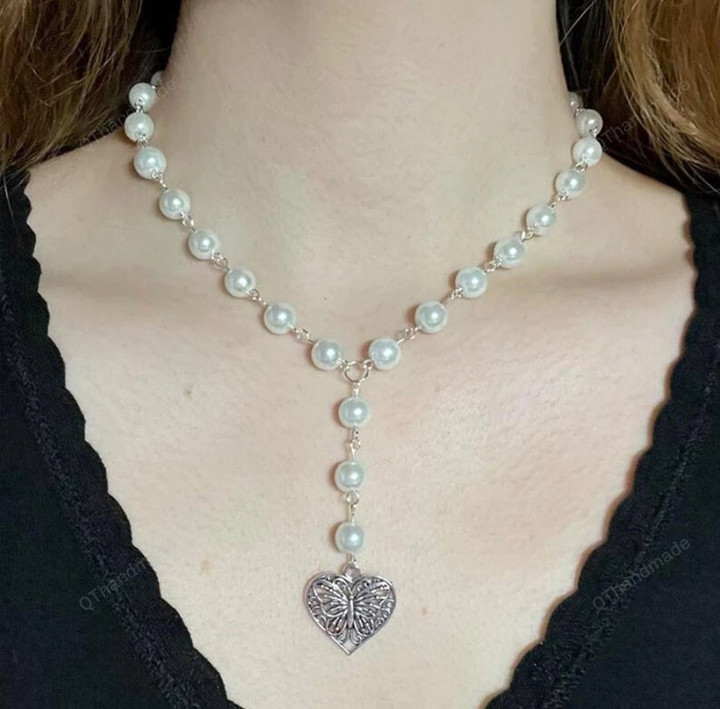 Pearls Heart Shaped Butterfly Charm Fairy core Choker Y2K Indie Jewelry Pixie Fairycore Cottagecore Rosary Necklace,Gift For Her