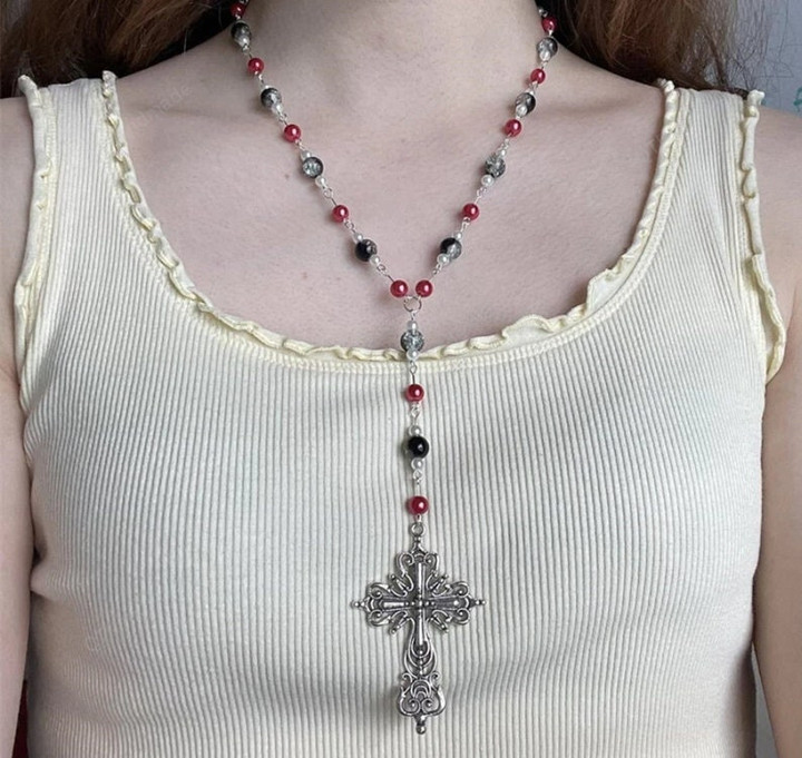 Handmade Red and Black Burst Bead Pearl Cross Rosary Beaded Necklace Gothic Victorian Cross Pendant Y2K Fairy core Jewelry,Gift For Her