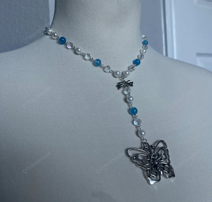 Blue Rosary Styled Butterfly Necklace/Beaded Chain Layered Rosary Necklace/Fairycore Cottage Necklace/BFF Besties Gothic Choker Collar