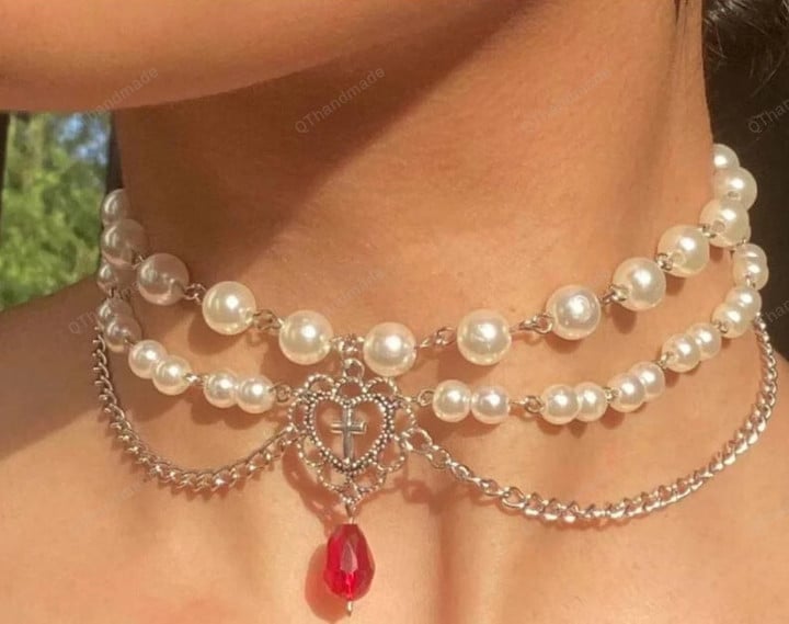 Elegant Gothic Victorian Layered Pearl Rosary Choker Necklace Anniversary Wedding Pearl Necklace/Y2k Jewelry Necklace/Witc/Gift For Her