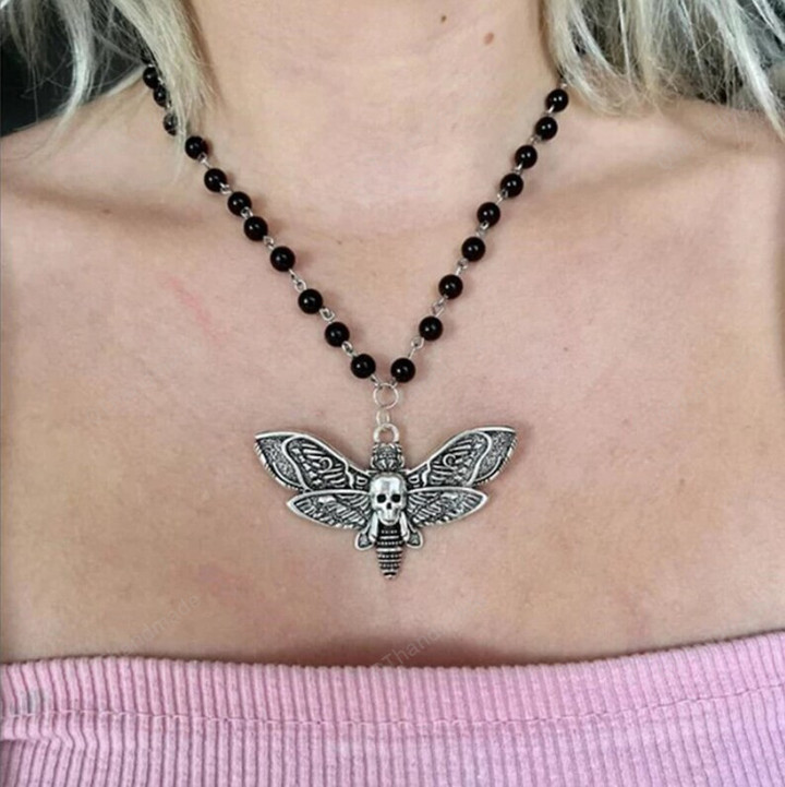 Death Head Moth Necklace, Gothic Black Rosary Beads, Silver Moth Jewellery, Goth Necklace, Gothic Jewellery, Witch Jewellery, Gift For Her
